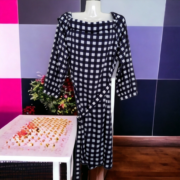 NWT!! Banana Republic Popular Navy Blue White Squares Off The Shoulder Dress!!💖 - Picture 6 of 11